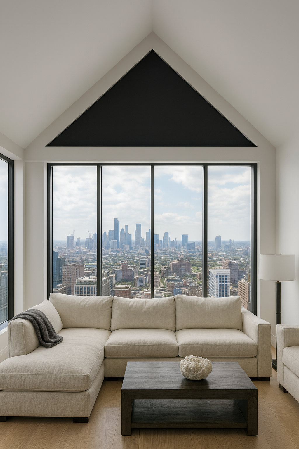A modern penthouse living room featuring a large upright triangular window fitted with a sleek black blackout roller shade. The shade perfectly follows the angled sides of the window, complementing the high vaulted ceiling. Below, a contemporary light-colored sectional sofa sits atop wood flooring, with a low-profile coffee table in front. Expansive city skyline views are visible through adjacent floor-to-ceiling rectangular windows.