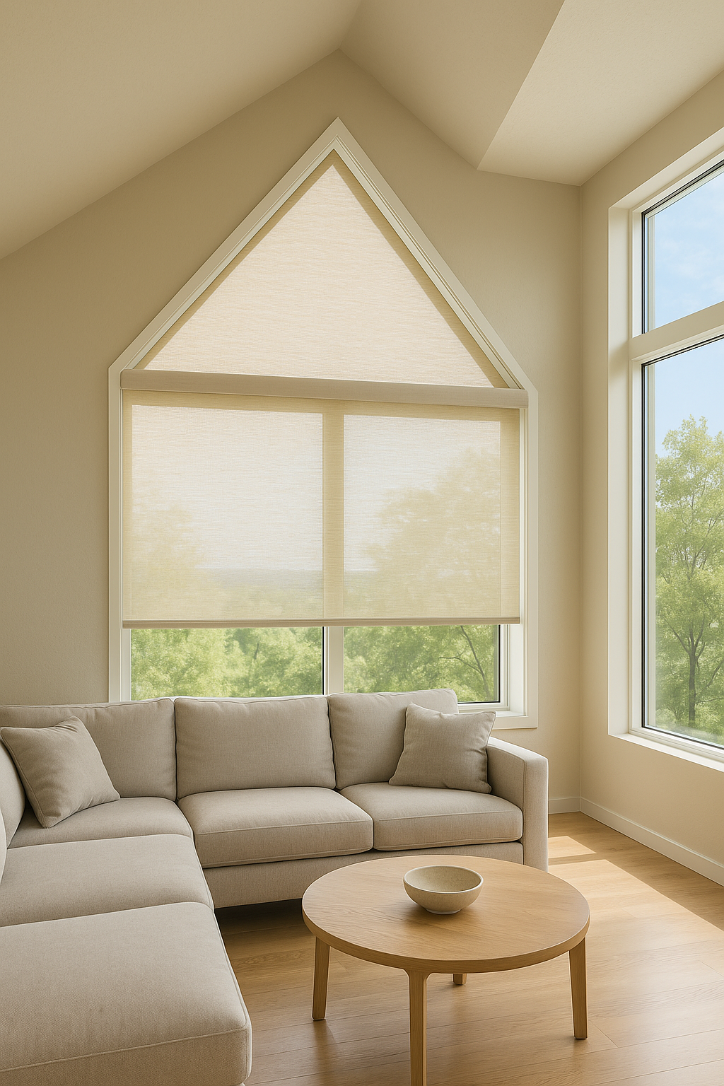 A modern living room with a high vaulted ceiling and a large upright triangular window fitted with a soft beige light-filtering roller shade. Natural light streams through the fabric, creating a warm, airy ambiance. Below the window, a neutral sectional sofa and a round light wood coffee table sit on hardwood flooring. To the right, tall rectangular windows reveal views of green treetops under a clear blue sky.