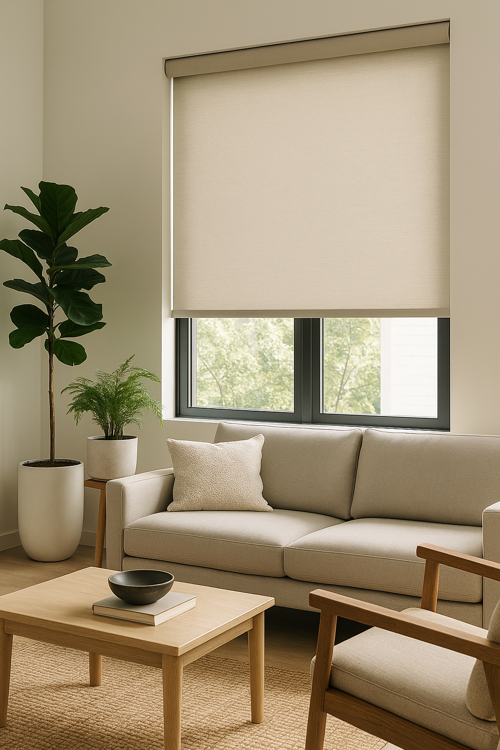 Modern living room with large window covered by eco-friendly beige roller shade, light gray sofa with black accent pillow, wooden coffee table, and indoor plants in a minimalist design.