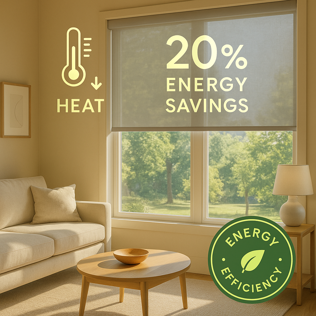 Sunlit living room with solar roller shades filtering light, highlighting 20% energy savings and energy efficiency benefits.