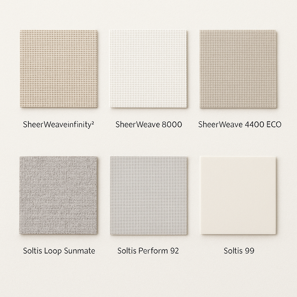 Six eco-friendly window shade fabric swatches arranged in a 2x3 grid, including SheerWeave infinity², SheerWeave 8000, SheerWeave 4400 ECO, Soltis Loop Sunmate, Soltis Perform 92, and Soltis 99, displayed in neutral tones with varied weave textures.