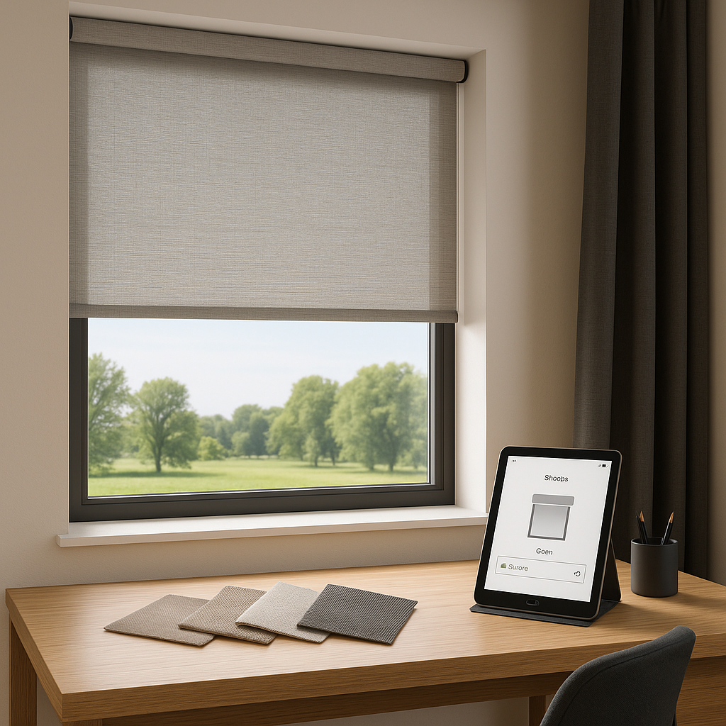 Modern home office with a realistic solar roller shade, fabric swatches on a wooden desk, and a smart tablet for shade control.