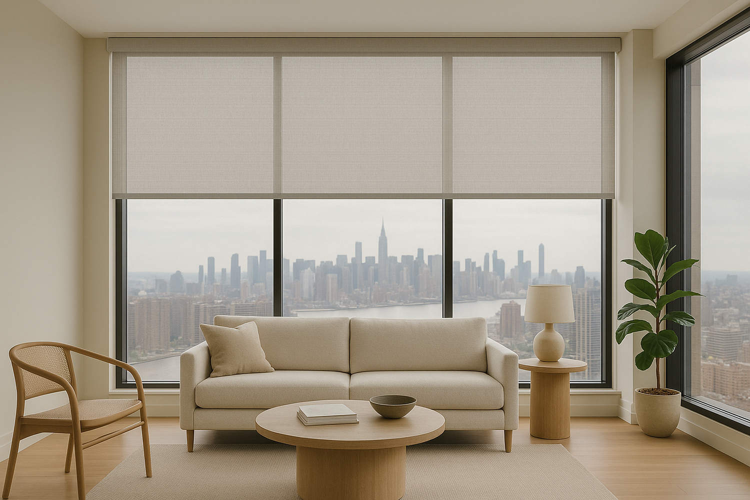 Modern penthouse living room with floor-to-ceiling windows dressed in sheerweave light-filtering roller shades, overlooking a panoramic city skyline. Neutral-toned sofa, light wood coffee table, and potted plant create a minimalist, airy aesthetic with soft natural light filtering through the fabric.