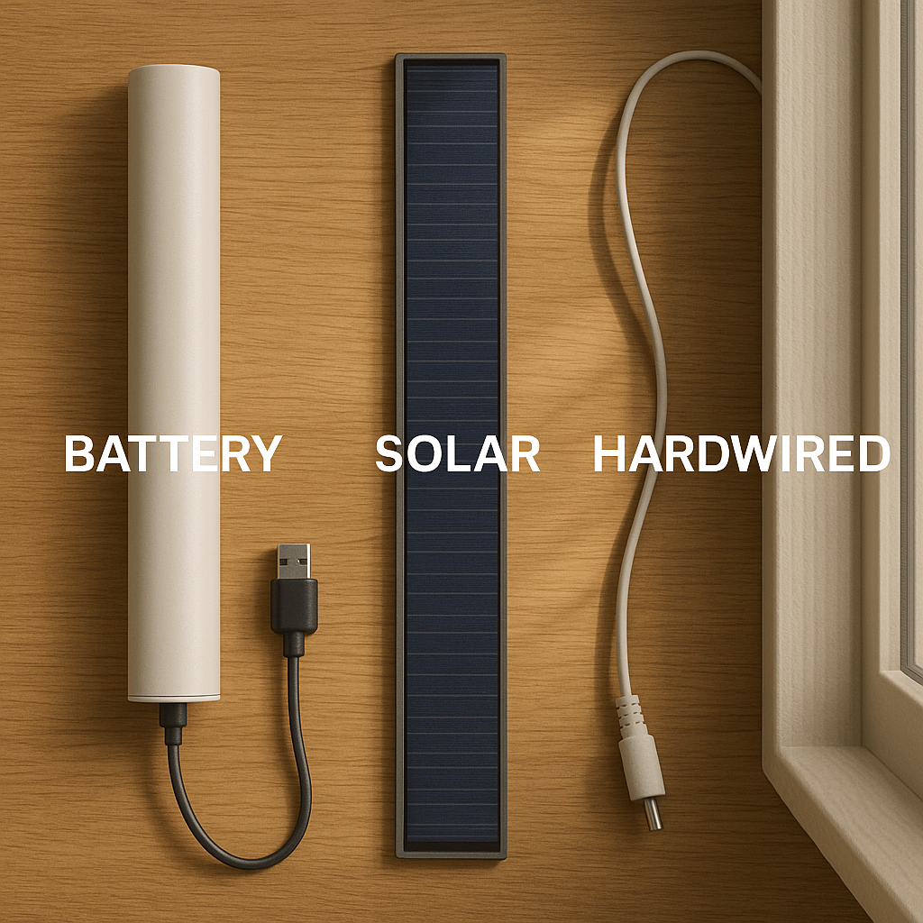 Battery, solar panel, and hardwired components for smart shade power options.