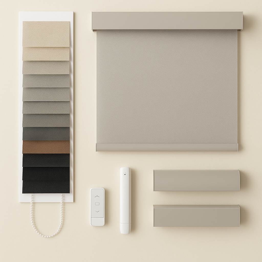 Solar roller shade customization display featuring an array of fabric swatches, fascia valance options, and motorized controls including remote and wand.
