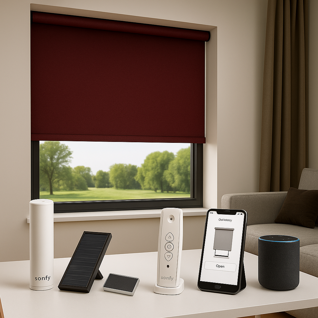 Modern living room with a Burgundy blackout roller shade and Somfy smart home accessories displayed on a white table, including a Somfy motor, solar panels, remote control, iPhone showing shade app, and Alexa smart speaker.