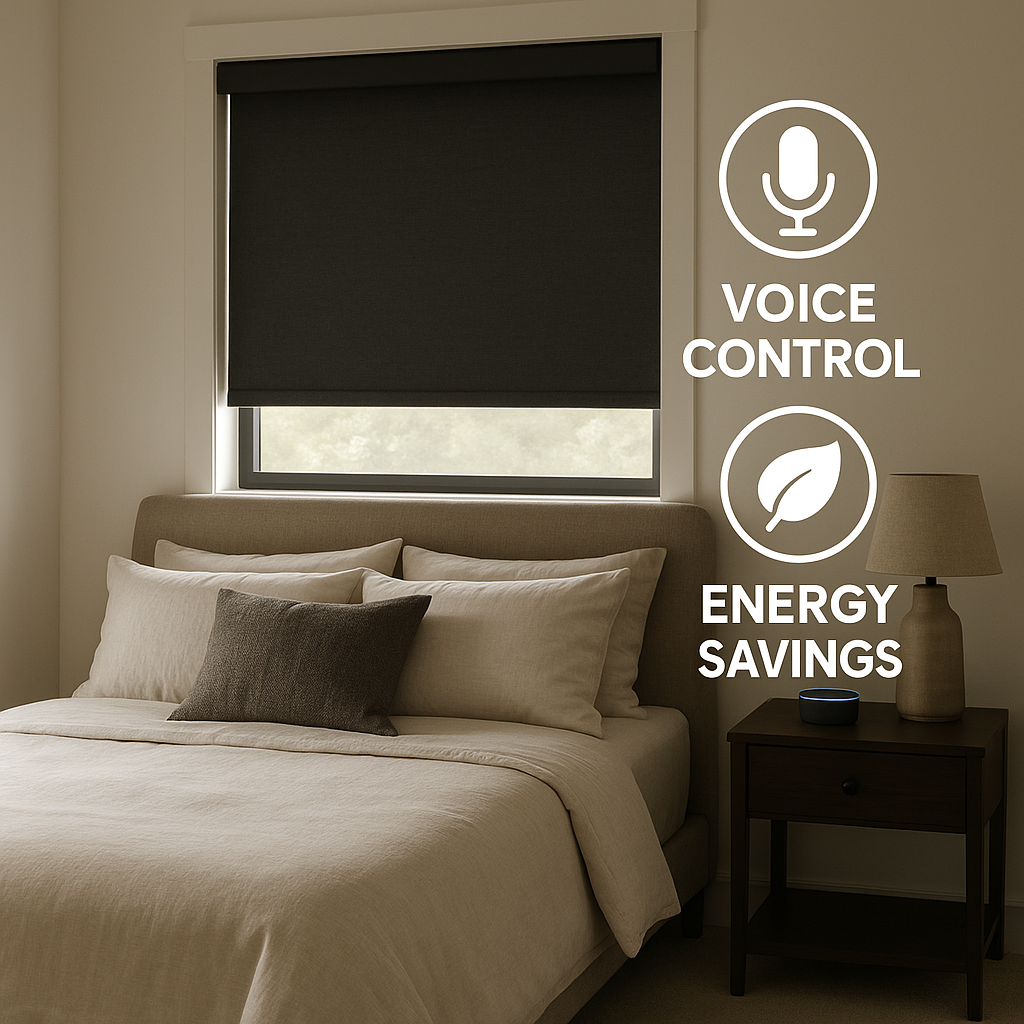 Cozy bedroom with blackout motorized shades, nightstand featuring Alexa device, and overlay icons for Voice Control and Energy Savings.
