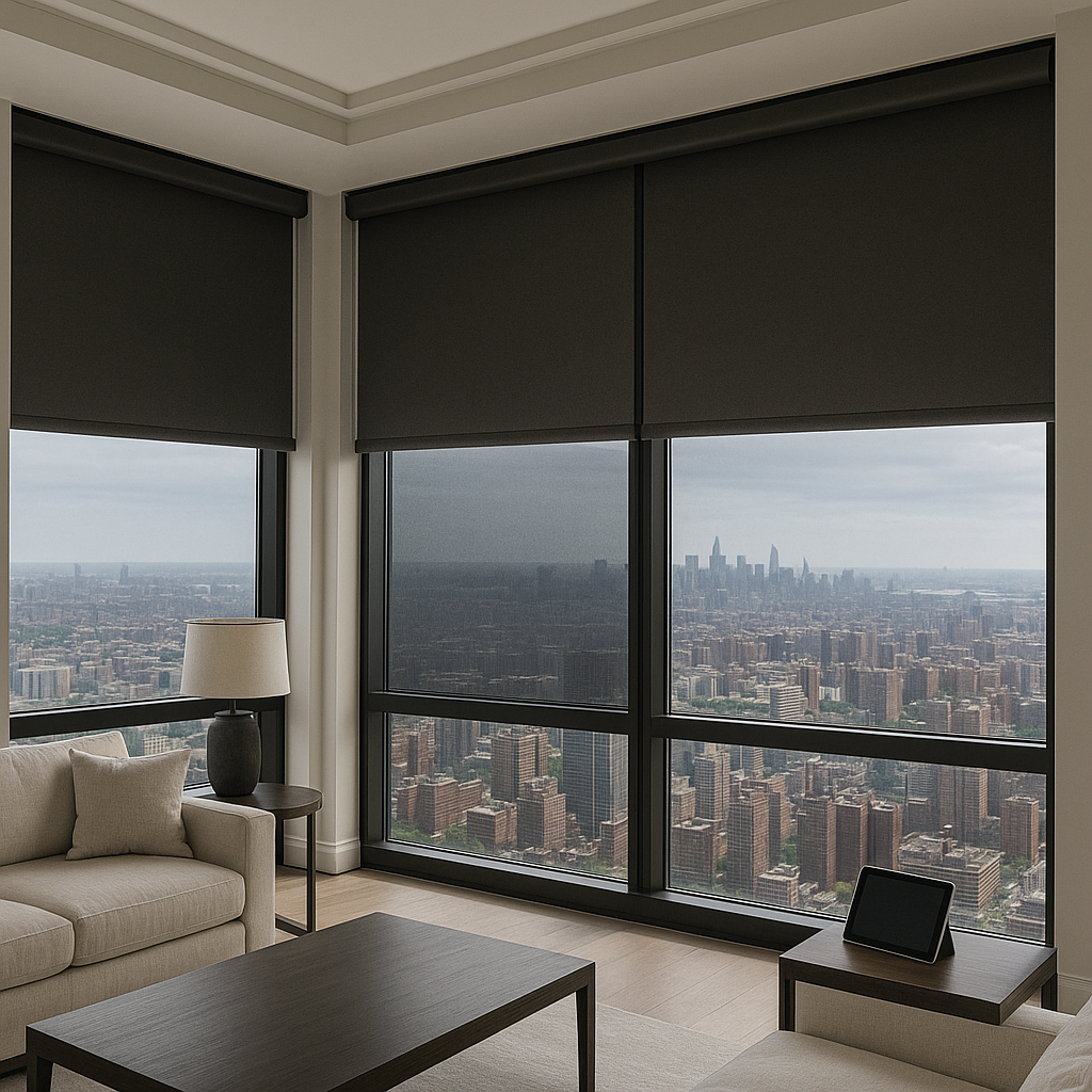 Modern penthouse living room with blackout roller shades, panoramic city skyline view, a beige sectional sofa, and a tablet placed on an end table.