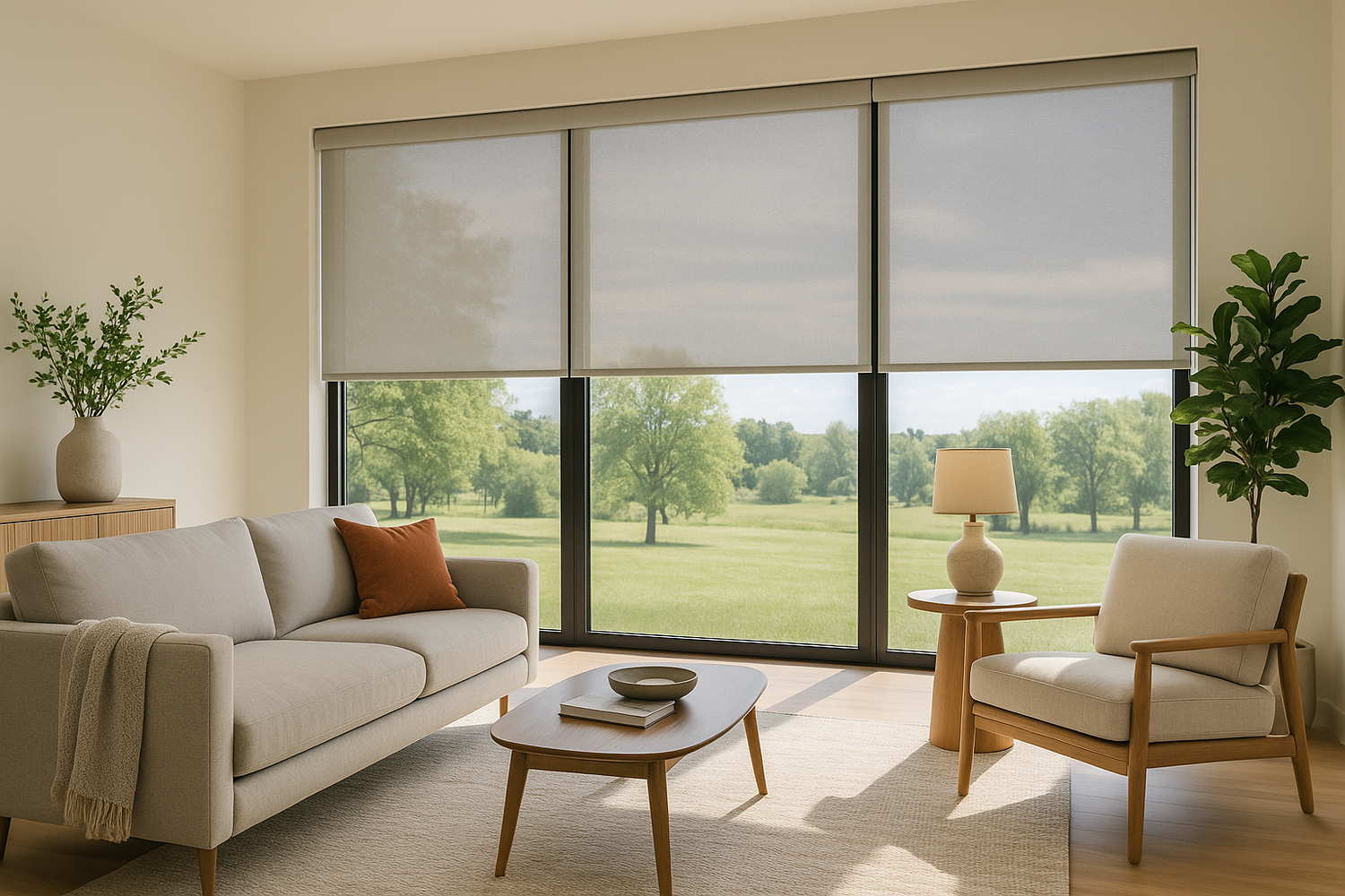 Modern living room featuring custom solar roller shades partially lowered, filtering natural sunlight while preserving outdoor view through large windows.