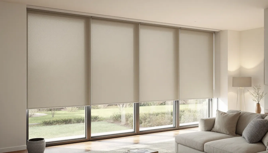 Sleek customizable roller shades in modern living room setting