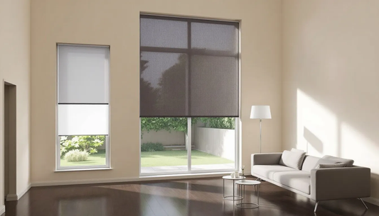 Stylish window shades for high windows in a modern living room setting.