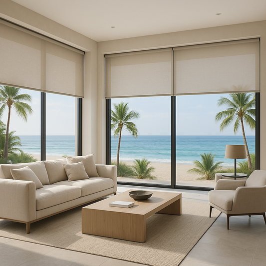 Modern beachside living room with beige roller shades and floor-to-ceiling windows overlooking palm trees and ocean views.