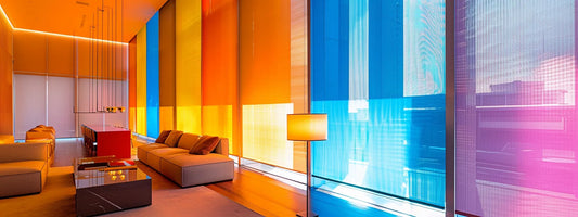Vibrant custom window shades enhance modern living room aesthetics.