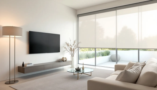 Modern living room with sleek professional window treatments and natural light