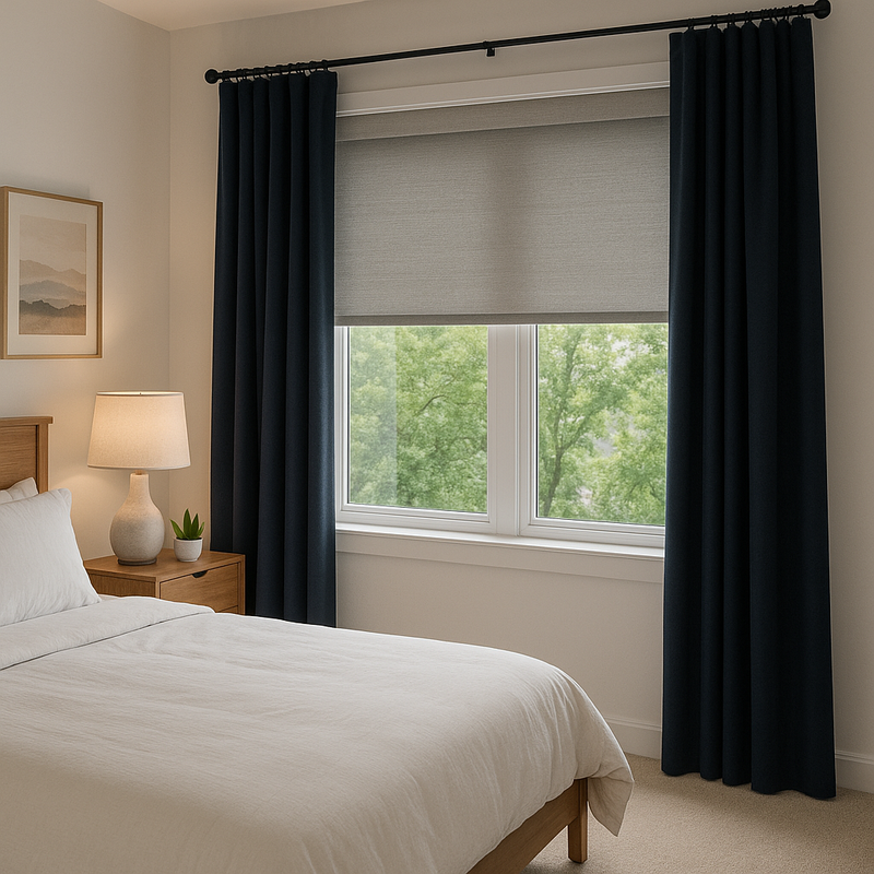 Modern bedroom with solar roller shade layered under dark navy blackout curtains for complete light control.