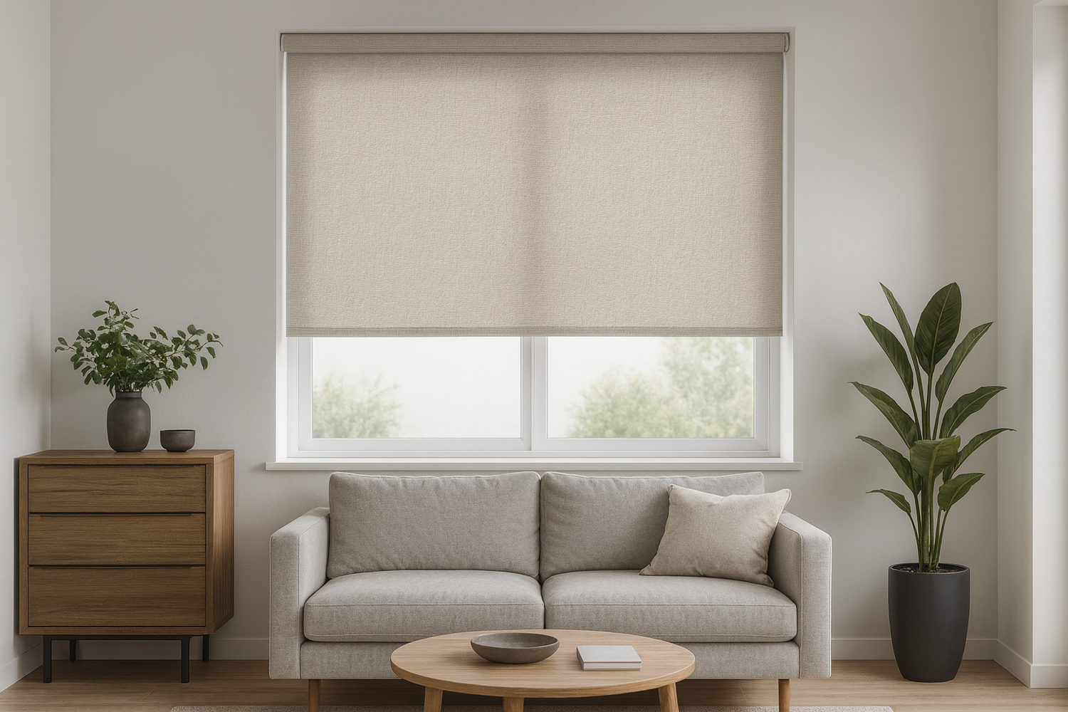 Modern bedroom with large window covered by beige blackout roller shade, wooden dresser with potted plant, and neutral bedding with soft accent pillows for a calm, light-protected atmosphere.