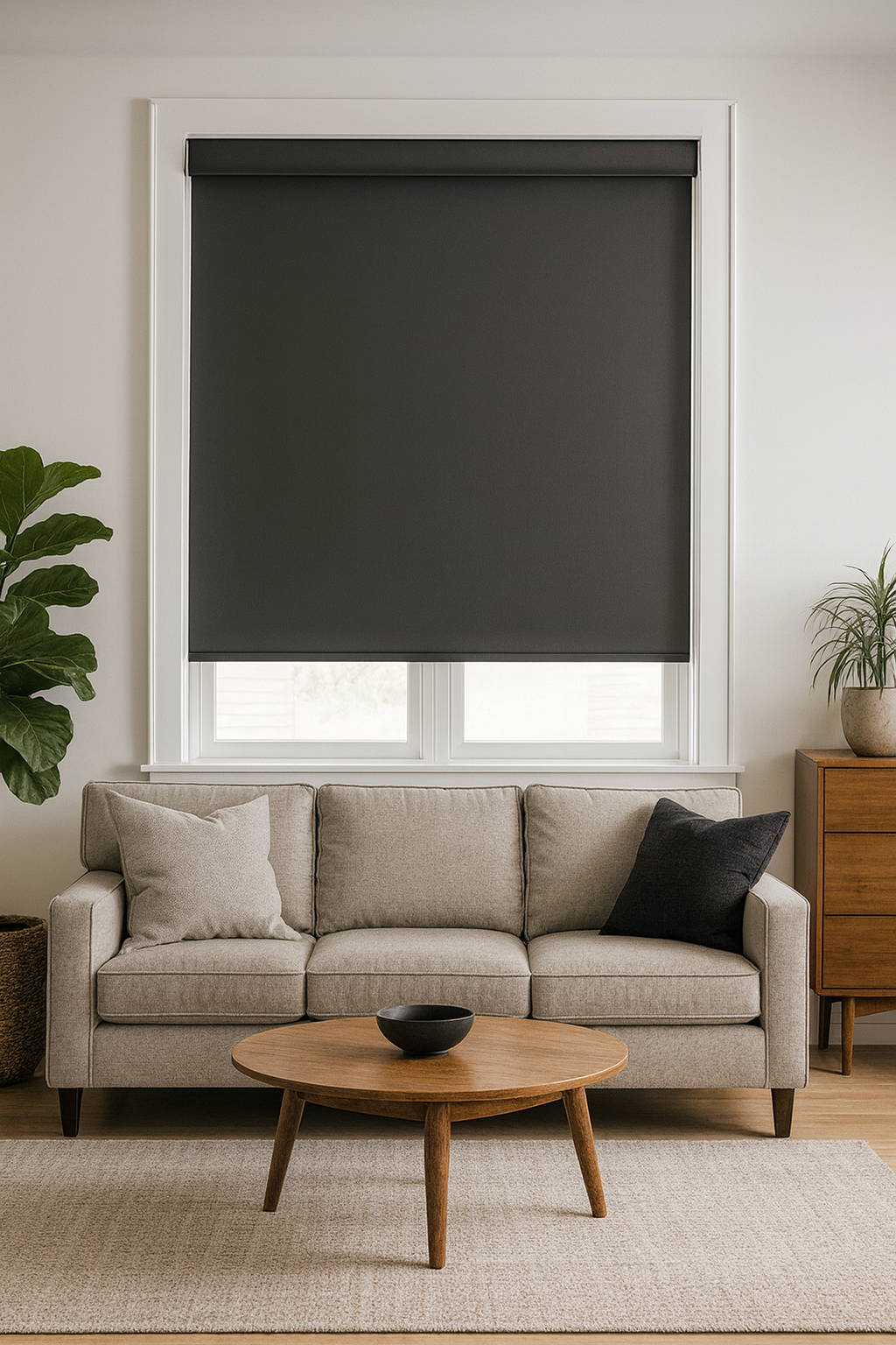 Modern bedroom with white walls, wooden nightstand, green potted plant, and large window covered by black blackout roller shade, styled with layered pillows and neutral bedding.