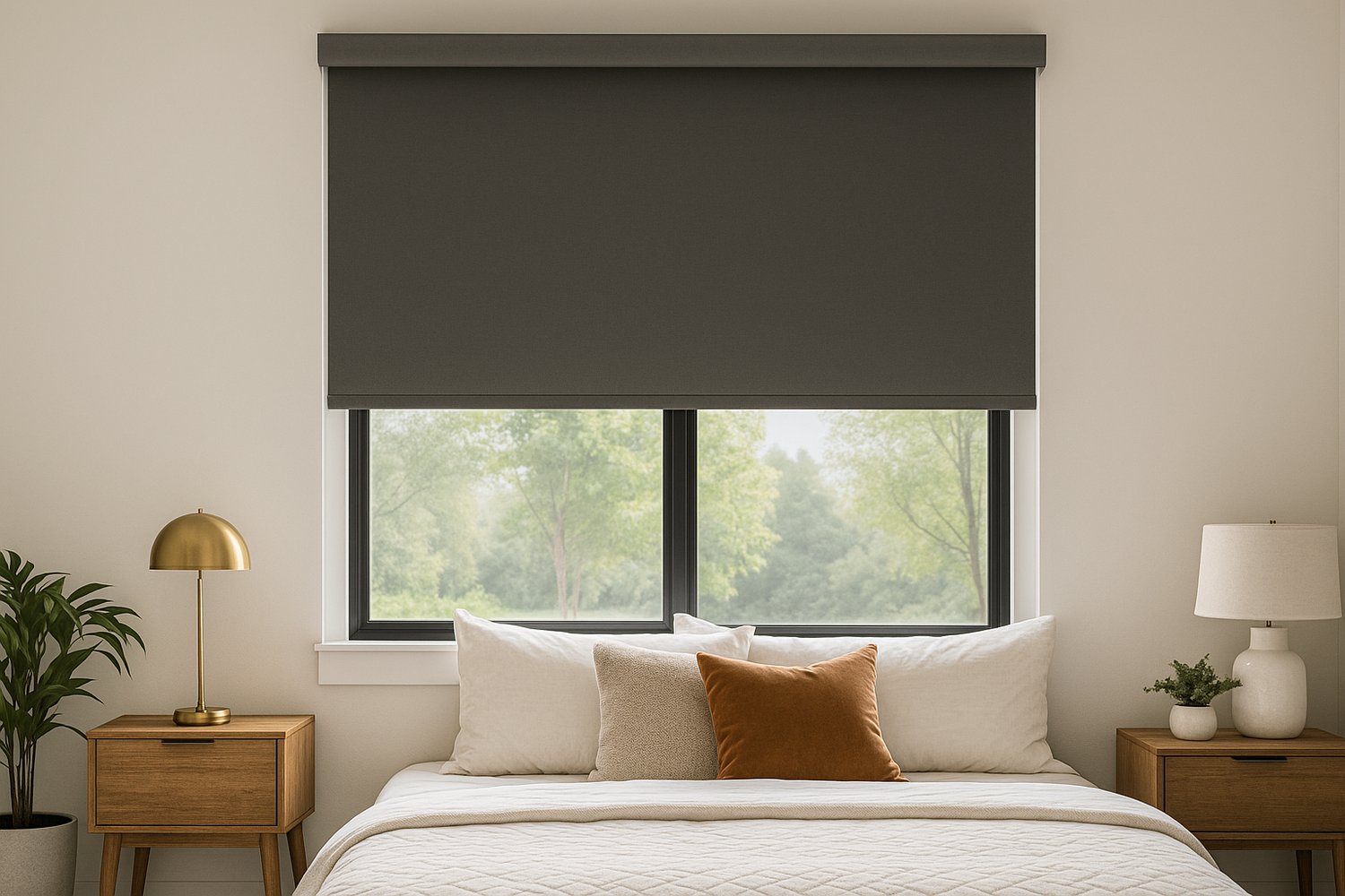 Modern bedroom with large window covered by dark gray blackout roller shade, white bedding with accent pillows, wooden nightstands, brass table lamp, and green potted plant for a calm, health-focused environment.