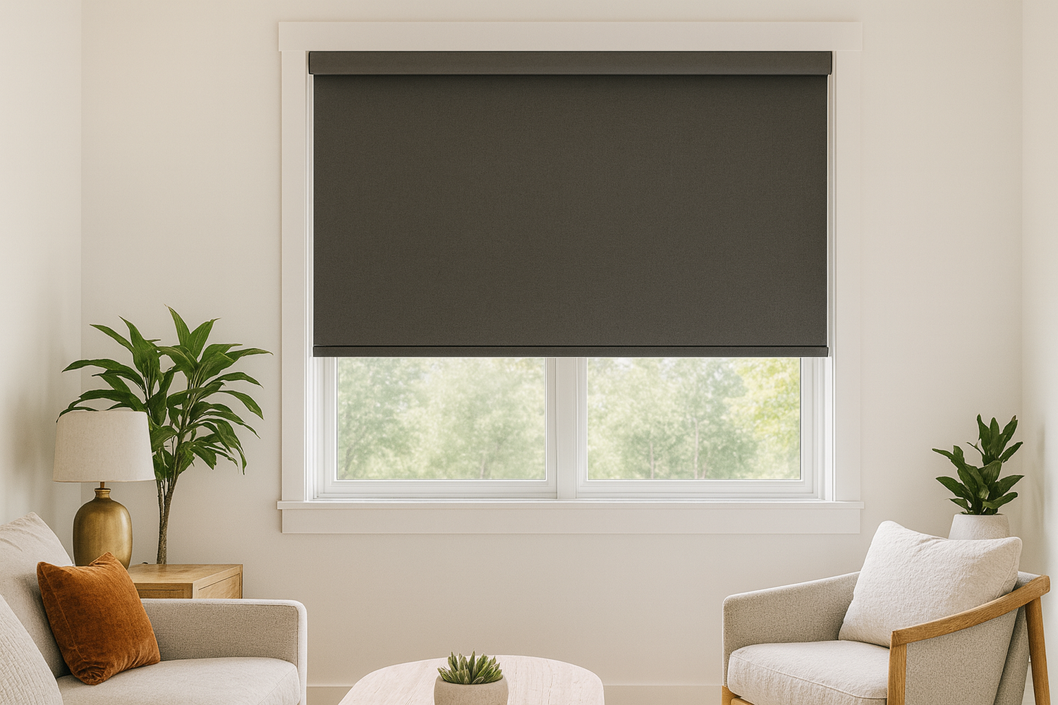 Modern bedroom with large window covered by dark gray eco-friendly blackout roller shade, wooden bed with layered neutral pillows, bedside table with lamp, and potted plant, emphasizing sustainable comfort.