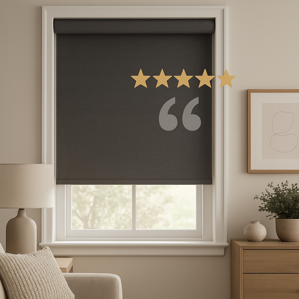 Modern living room with white blackout roller shade partially down, wooden side table with lamp and potted plant, and customer review ratings overlaid in gold stars with quotation mark icons.

