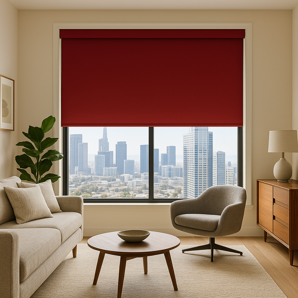 Modern penthouse living room with large window covered by red blackout roller shade, mid-century furniture, gray armchair, beige sofa, wooden coffee table, and panoramic view of a city skyline.

