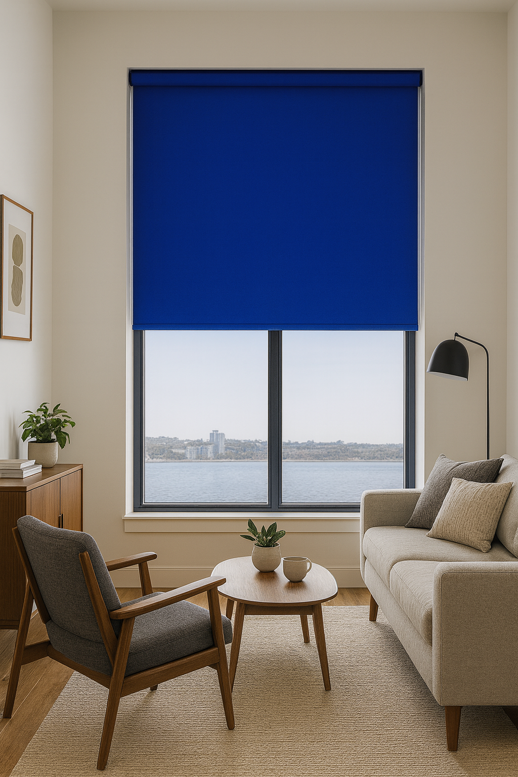 Modern waterfront apartment living room with large window covered by royal blue blackout roller shade, mid-century furniture, beige sofa, wooden coffee table, and view of sailboat on calm water.


