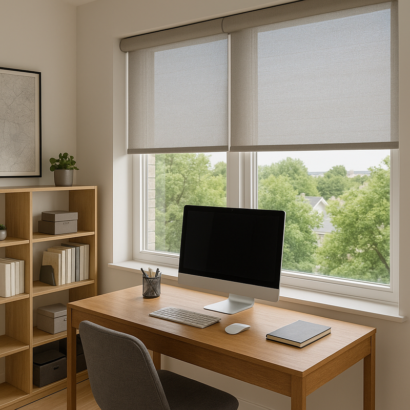 Modern home office with solar roller shades reducing computer screen glare while allowing natural light and outdoor views.