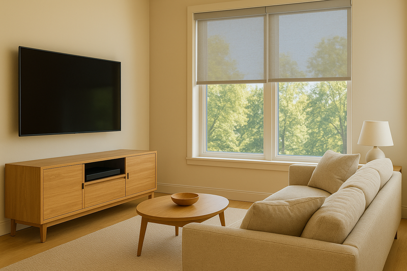 Modern living room with solar roller shades reducing glare on a wall-mounted TV while maintaining outdoor views and protecting furniture from sun damage.